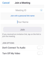 Zoom mobile screen showing where to enter Meeting ID and select Join with Video